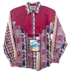 Adobe Rose Shirt Womens Medium Red Button Western Rodeo Aztec Rockabilly Vintage - Picture 1 of 8