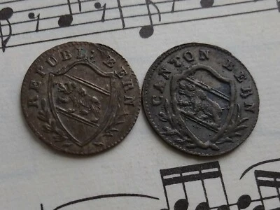 BERN Swiss 2 x 1 rappen 1818 Republic KM175 + 1829 Canton KM172 Billon RARE PAIR - Image 1 of 2