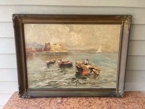 "Antikes italienisches Ölgemälde Boote Neapel Bucht Castel dell'Ovo signiert P. und... ca. - Bild 1 von 17