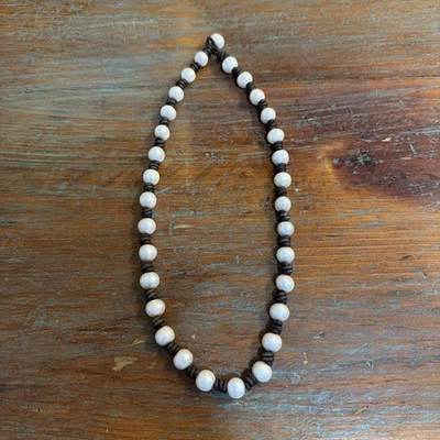 Brown Leather And Faux Pearl Necklace 18”. - Image 1 of 4
