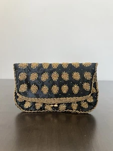 Vintage Black Satin Beaded Clutch Evening Bag Clutch Minaudiere - Picture 1 of 7