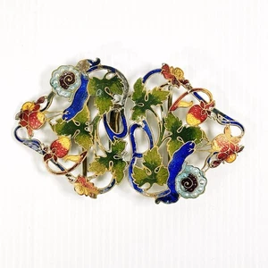 Art Nouveau Enamel & Brass Belt Buckle Snails On Strawberries Antique Floral - Foto 1 di 10