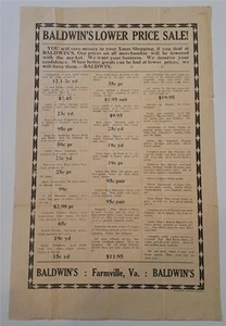c1900 BALDWIN'S SALE BROADSIDE, GENERAL STORE GROCERY FARMVILLE VA. HERALD PRESS - Picture 1 of 4