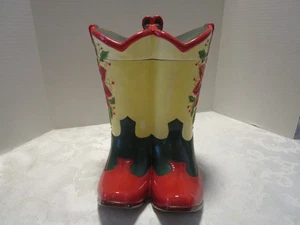 Vintage Ceramic Christmas Cowboy Boots Cookie Jar Poinsettia FIGI 11.25” T 2000 - Picture 1 of 18