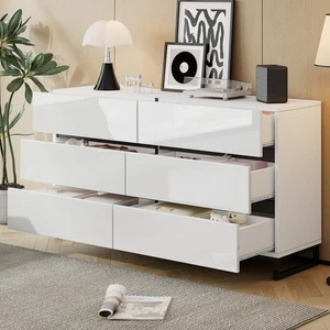 Hochglanz Sideboard Kommode mit 6 Schubladen Metallbeinen Weiß Schwarz 140*79 cm - Bild 1 von 20