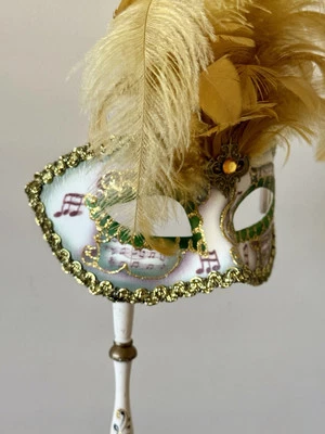 Masquerade Stick Mask Handmade In Venice Yellow Feathers Gold And Green Accents - Image 1 of 4