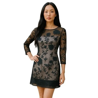 Vestido Lápiz Karen Millen Negro Encaje Rosa Desnudo Transparente Bordado Seda Noche 8 Foto 1 de 4