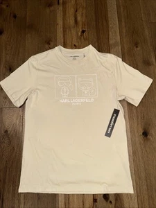 NEW NWT KARL LAGERFELD Men’s Short Sleeve T-Shirt Paris MEDIUM BEIGE WITH WHITE - Picture 1 of 6