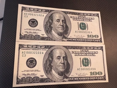 US $100 Banknote 1996 Low Serial Numbers 2 Consecutive Crisp Uncirc Corner Bends - Image 1 of 4