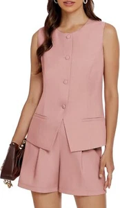Women's 2 Piece Blazer Suit Set Summer Business Matching Sets Crew Vest Shorts - Picture 1 of 70