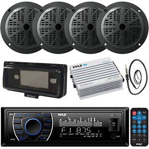 Pyle In Dash Marine USB SD Media Receiver, 4x Speakers, 4-CH Amp, Antenna, Cover