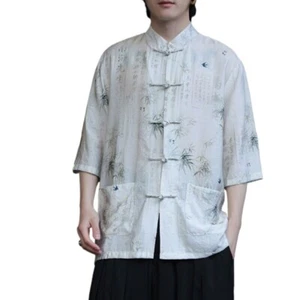 Dünnes kurzärmliges Herrenhemd Bluse Oberteil Tasche chinesischer Tai Chi Kung Fu Tang Anzug - Bild 1 von 16