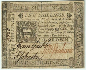BILLETE DE 5 CHELINES DE LA REVOLUCIÓN AMERICANA COLONIAL DE PENSILVANIA 1775 ELECCIÓN NÍTIDO NUEVO - Imagen 1 de 2
