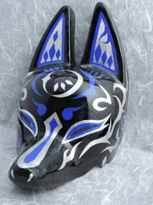 Komendo Tsuki Half Face Black Blue Hand Painted Kitsune Fox Mask Paper Japan New - Image 1 of 4