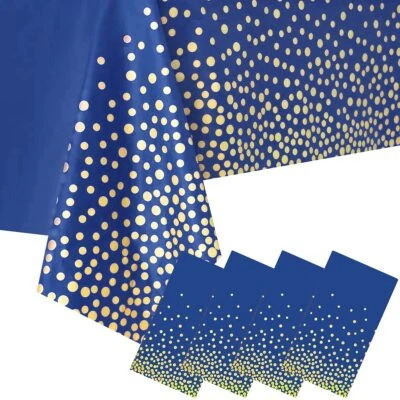 4 Pack Plastic Blue and Gold Tablecloths Waterproof Table Cover for Party - Image 1 of 4