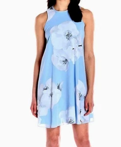 Calvin Klein Sleeveless Light Blue White Floral A Line Chiffon Dress Size 6 - Picture 1 of 15
