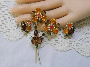 Juliana Double Flower Brooch and Earrings Vintage Set Glass Rhinestones Verified - Picture 1 of 11