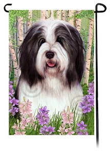 Spring Flowers Garden Flag - Black and White Bearded Collie - Picture 1 of 1