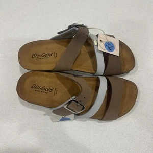 Bio-Gold Damen braun & blau Leder Kork Keilabsatz Sandalen Italien-Größe 7,5 NEU - Bild 1 von 8