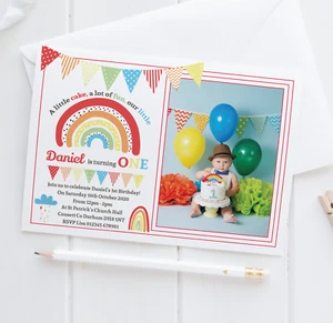 Personalised Rainbow Birthday Party Invitations Colourful Photo Invites x10 - Picture 1 of 3