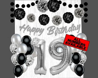 Silver & Black 19th Birthday Decorations - 40" Number Balloons &More Boy or Girl - Image 1 of 4