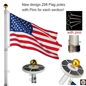 25ft Flag Pole Kit Telescopic Aluminum Flagpole Solar Lights 2 Flags  - Picture 1 of 7