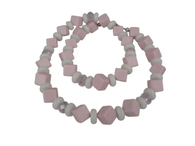 Halskette Würfel rosa opak diagonal, Perlen Glas Rondelle Facettiert weiß 309f - Bild 1 von 4