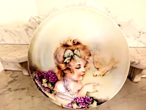 1905 Limoges Frankreich Kommode Tablett mit Mädchen Kind und Vogel 11-1/2" Durchmesser - Bild 1 von 8