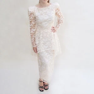 Vtg 80s Peach Wedding Dress XS/S Lace Peplum Pearls Pencil Skirt Sheer Applique - Picture 1 of 15