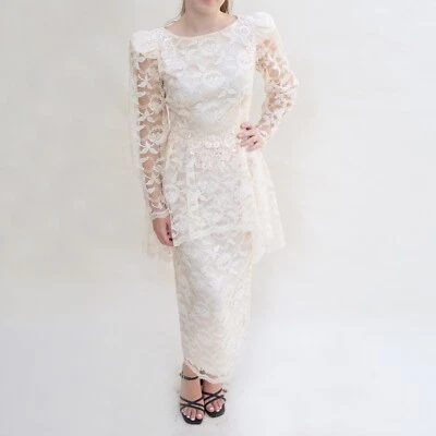 Vestido de novia de colección años 80 melocotón XS/S encaje perlas peplum falda lápiz apliques transparentes Foto 1 de 4