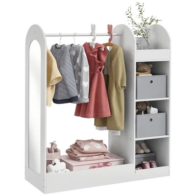 AIYAPLAY Kids Clothes Rail with Storage Shelf, Boxes, Mirror, White — 第 1/4 张图片