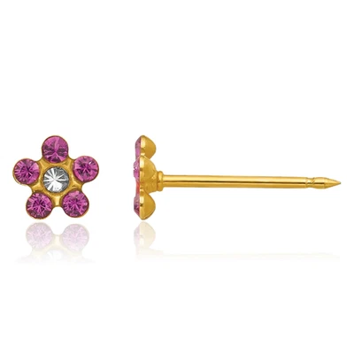 14K Solid Yellow Gold Purple Crystals Flower Ear Piercing Studs - Image 1 of 4