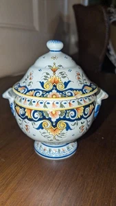 Französische Fayence Deckelschale Vieux Rouen handbemalt kleine Terrine bitte lesen  - Bild 1 von 11