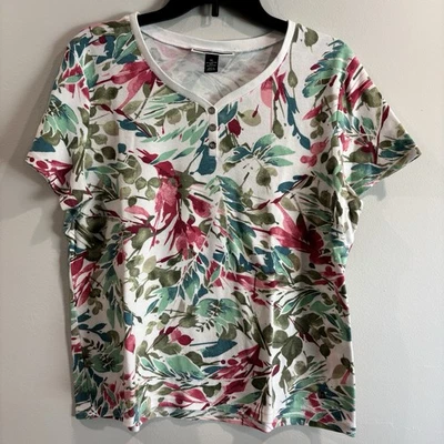 Karen Scott Floral Henley Shirt XL Multicolor Cotton Blend Short Sleeve Top - Image 1 of 4