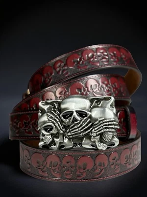 Genuine Leather Beaded Western Men Belt Hand Made Embossed With Removable Buckle - Image 1 of 4