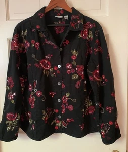 Chico's Embroidered Floral Jacket black cotton 2 / M - Picture 1 of 8