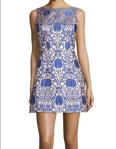 Abito da cocktail jacquard Alice+Olivia $485 NEIMAN MARCUS 0 Carrie blu oro autunno - Foto 1 di 9