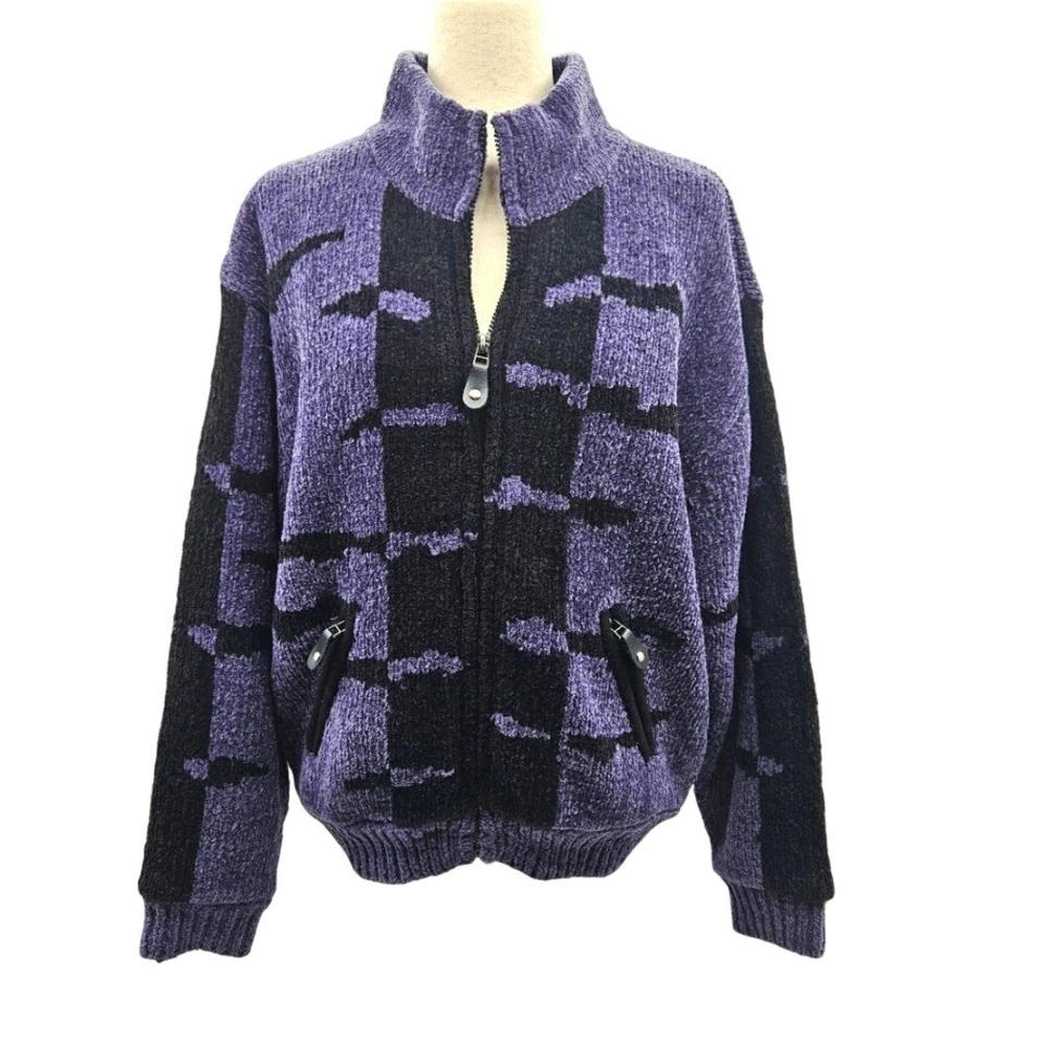Jamie Sadock Púrpura Negro Geométrico Chenilla Cremallera Suéter Chaqueta Para Mujer Grande Foto 1 de 4