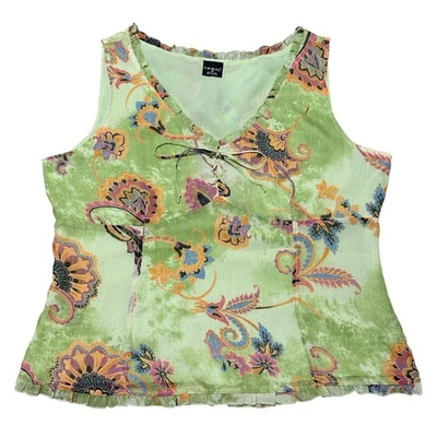 Camiseta sin mangas vintage tribal verde Y2K boho floral con volantes dobladillo, talla 14 Foto 1 de 4