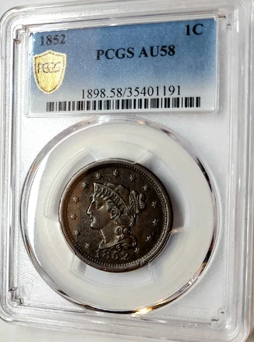RARE 1852 BRAIDED HAIR LARGE CENT 1c PCGS AU-58 GS AWESOME HIGH GRADE COIN !!! Cover