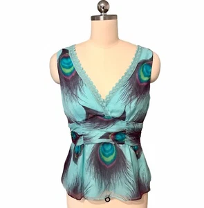 VTG 90’s Y2K Nanette Lepore Silk Babydoll Top Peacock Fairycore Women’s Sz 8 - Picture 1 of 9