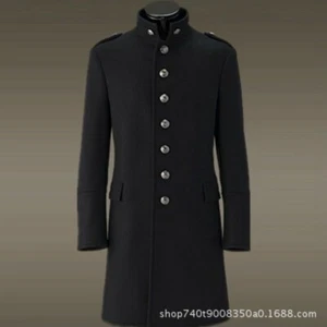Mens Slim fit German Wool Jacket Military Uniform Trench Coat Single-breasted - Picture 1 of 7