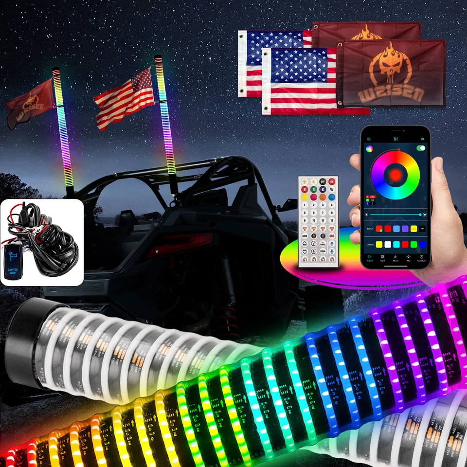 Plug & Play Wire & 2PCS 3FT Fat RGB LED COB Whip Light  For Polaris General 1000 - Image 1 of 4