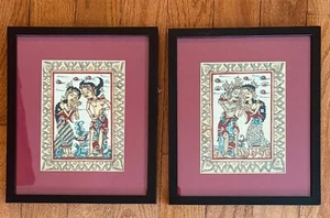 Vintage Pair Balinese Bali Cotton Textile Hand Painted Traditional Kamasan Scene - Picture 1 of 9