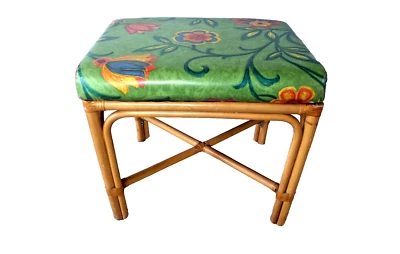 1 Vintage Bamboo Rattan Stool Ottoman Green Seat Coastal Florida Mod 4 Available - Image 1 of 4