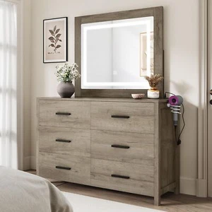 Makeup Vanity with Lighted Mirror, 6-Drawer Vanity Desk, Maple Gray - Picture 1 of 6