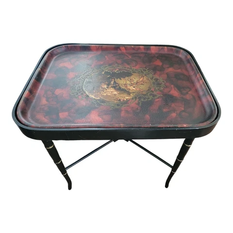 Antique Vintage Black Wood French Faux Bamboo Tray Side Accent Table Free Ship Cover