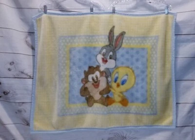 VTG Baby Looney Tunes Tweety Bird Bugs Bunny Taz Baby Blanket Yellow Blue - Image 1 of 4