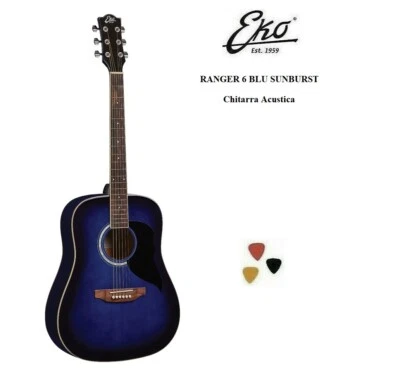 EKO RANGER 6 CHITARRA ACUSTICA BLU sunburst + 3 PLETTRI NUOVA  DISCOMIXSOUND - Immagine 1 di 4