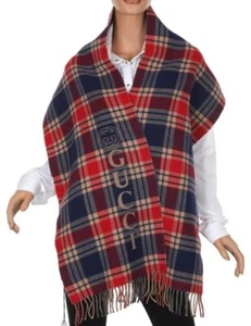 NEW GUCCI LUXURY WOOL CASHMERE CHECK LOGO SCARF WRAP - Picture 1 of 5